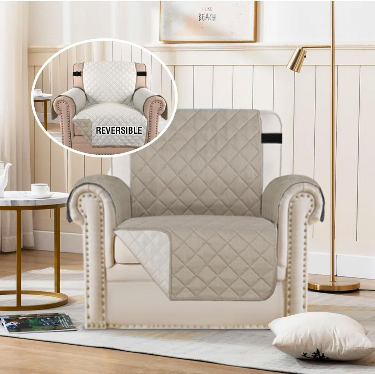 Reversible Couch Cover for 3 Cushion Cover Pet Friendly Sofa Cover for Dog Washable Furniture Protector Water Resistant Slipcover with Non Slip Elastic Strap(Sofa, Ivory/Beige)