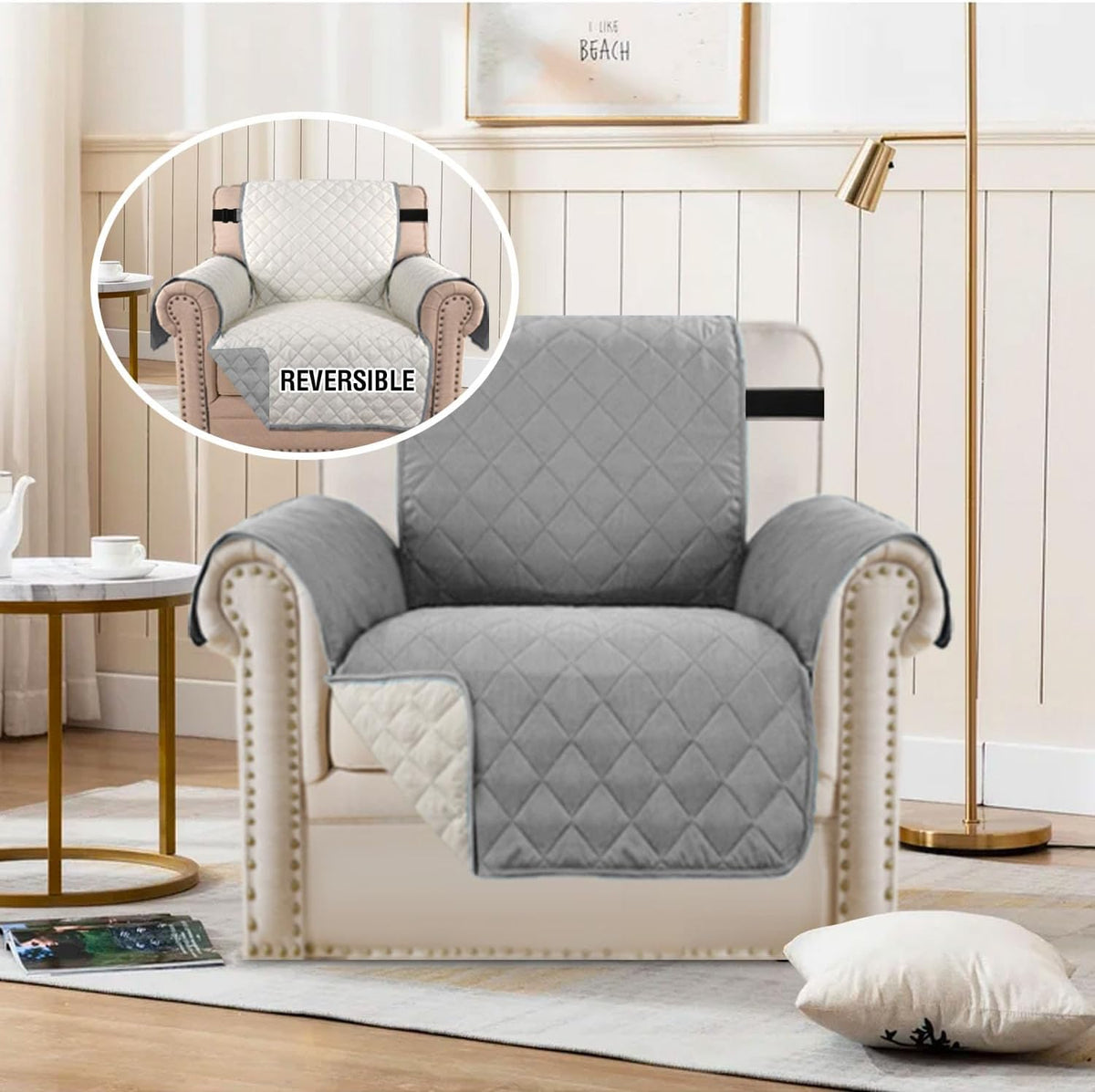Reversible Couch Cover for 3 Cushion Cover Pet Friendly Sofa Cover for Dog Washable Furniture Protector Water Resistant Slipcover with Non Slip Elastic Strap(Sofa, Ivory/Beige)