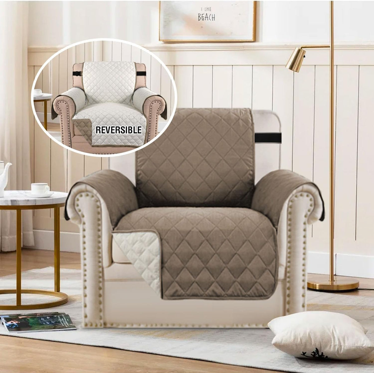 Reversible Couch Cover for 3 Cushion Cover Pet Friendly Sofa Cover for Dog Washable Furniture Protector Water Resistant Slipcover with Non Slip Elastic Strap(Sofa, Ivory/Beige)