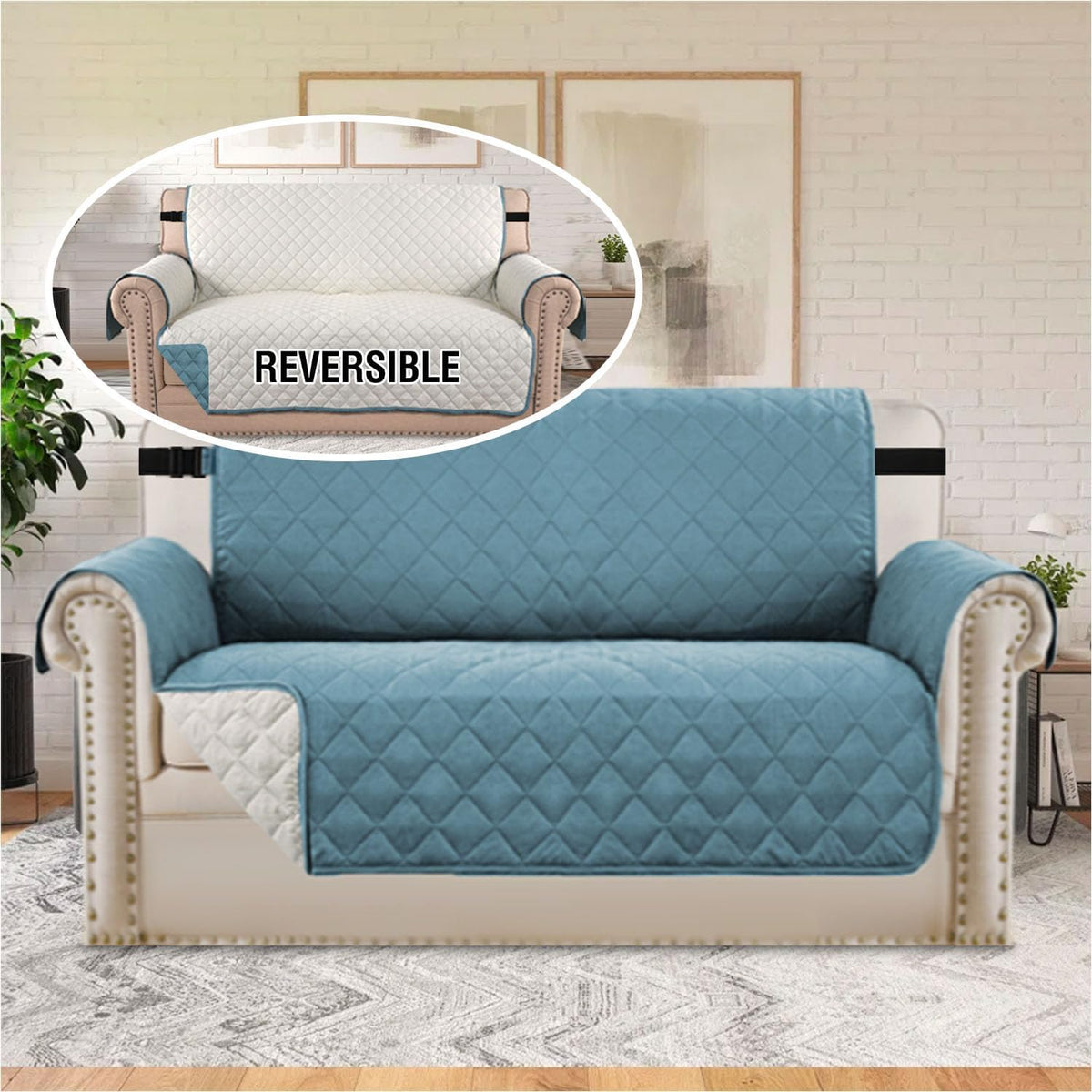Reversible Couch Cover for 3 Cushion Cover Pet Friendly Sofa Cover for Dog Washable Furniture Protector Water Resistant Slipcover with Non Slip Elastic Strap(Sofa, Ivory/Beige)