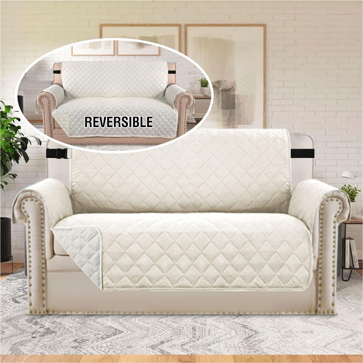 Reversible Couch Cover for 3 Cushion Cover Pet Friendly Sofa Cover for Dog Washable Furniture Protector Water Resistant Slipcover with Non Slip Elastic Strap(Sofa, Ivory/Beige)