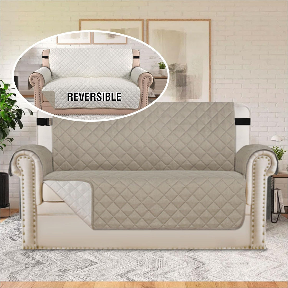 Reversible Couch Cover for 3 Cushion Cover Pet Friendly Sofa Cover for Dog Washable Furniture Protector Water Resistant Slipcover with Non Slip Elastic Strap(Sofa, Ivory/Beige)