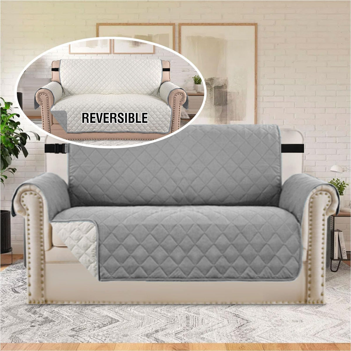 Reversible Couch Cover for 3 Cushion Cover Pet Friendly Sofa Cover for Dog Washable Furniture Protector Water Resistant Slipcover with Non Slip Elastic Strap(Sofa, Ivory/Beige)