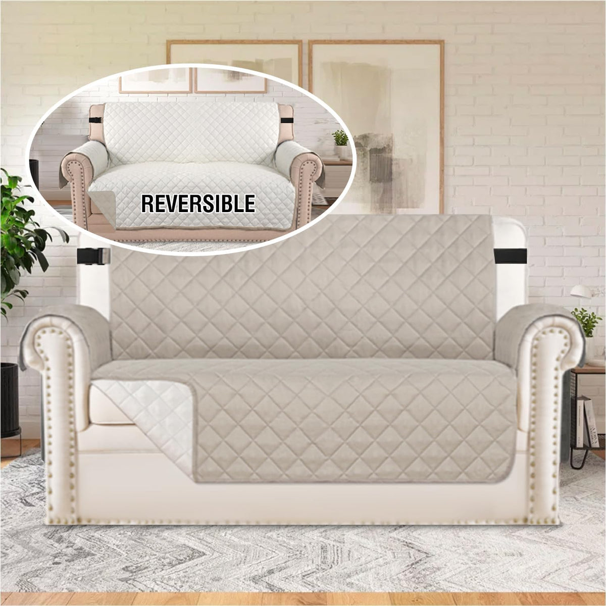 Reversible Couch Cover for 3 Cushion Cover Pet Friendly Sofa Cover for Dog Washable Furniture Protector Water Resistant Slipcover with Non Slip Elastic Strap(Sofa, Ivory/Beige)