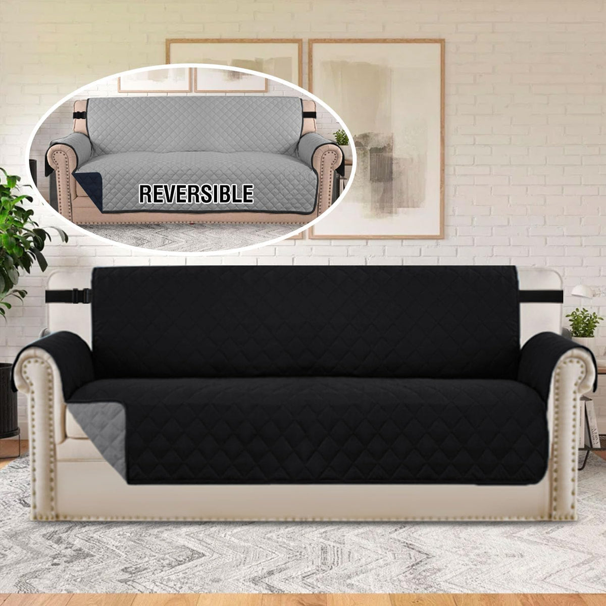 Reversible Couch Cover for 3 Cushion Cover Pet Friendly Sofa Cover for Dog Washable Furniture Protector Water Resistant Slipcover with Non Slip Elastic Strap(Sofa, Ivory/Beige)