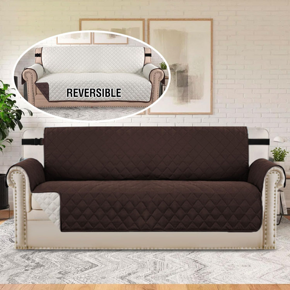 Reversible Couch Cover for 3 Cushion Cover Pet Friendly Sofa Cover for Dog Washable Furniture Protector Water Resistant Slipcover with Non Slip Elastic Strap(Sofa, Ivory/Beige)