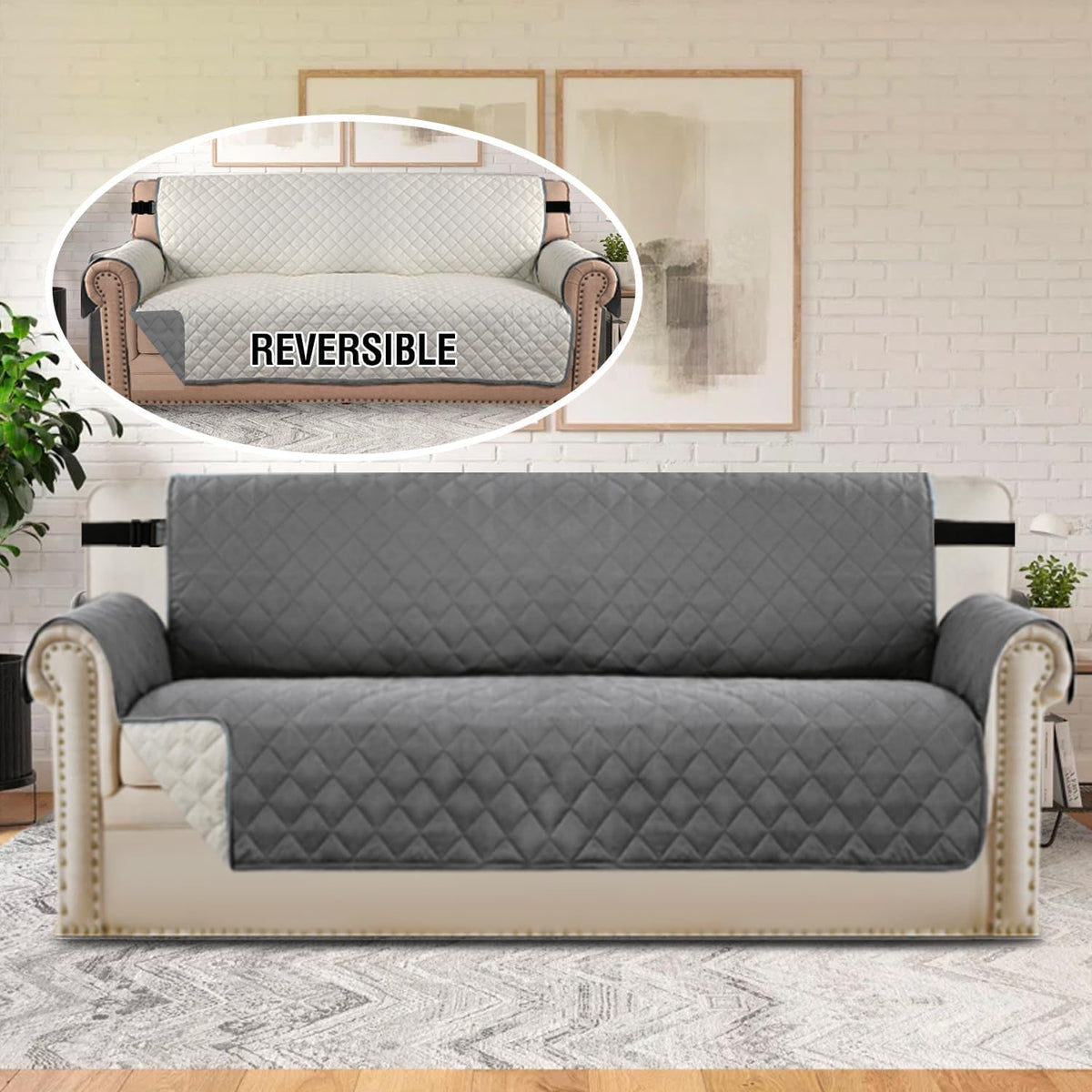 Reversible Couch Cover for 3 Cushion Cover Pet Friendly Sofa Cover for Dog Washable Furniture Protector Water Resistant Slipcover with Non Slip Elastic Strap(Sofa, Ivory/Beige)