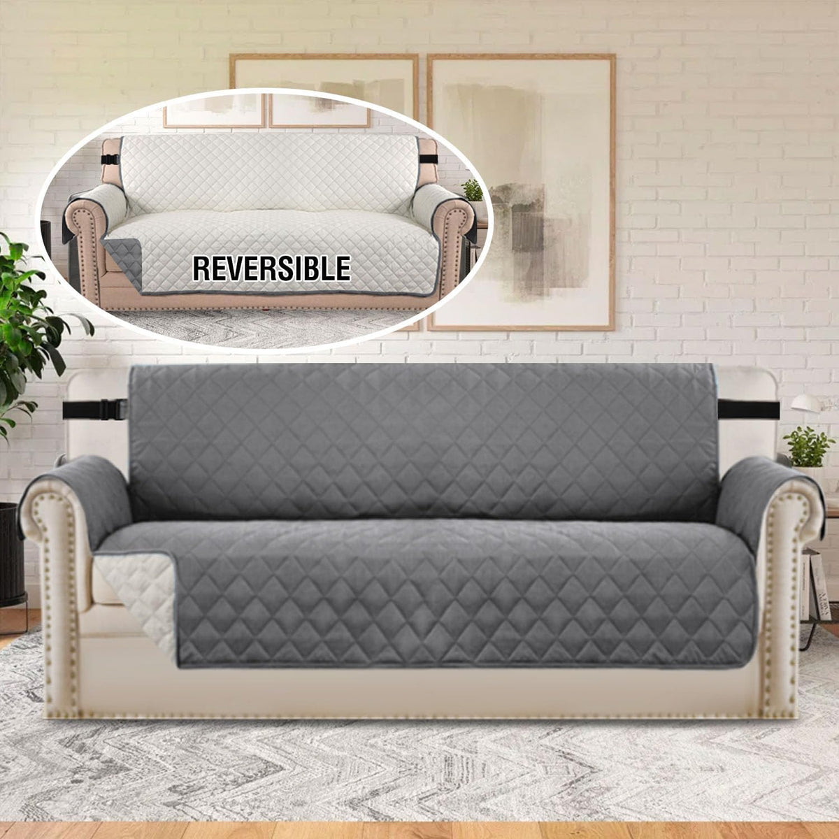 Reversible Couch Cover for 3 Cushion Cover Pet Friendly Sofa Cover for Dog Washable Furniture Protector Water Resistant Slipcover with Non Slip Elastic Strap(Sofa, Ivory/Beige)