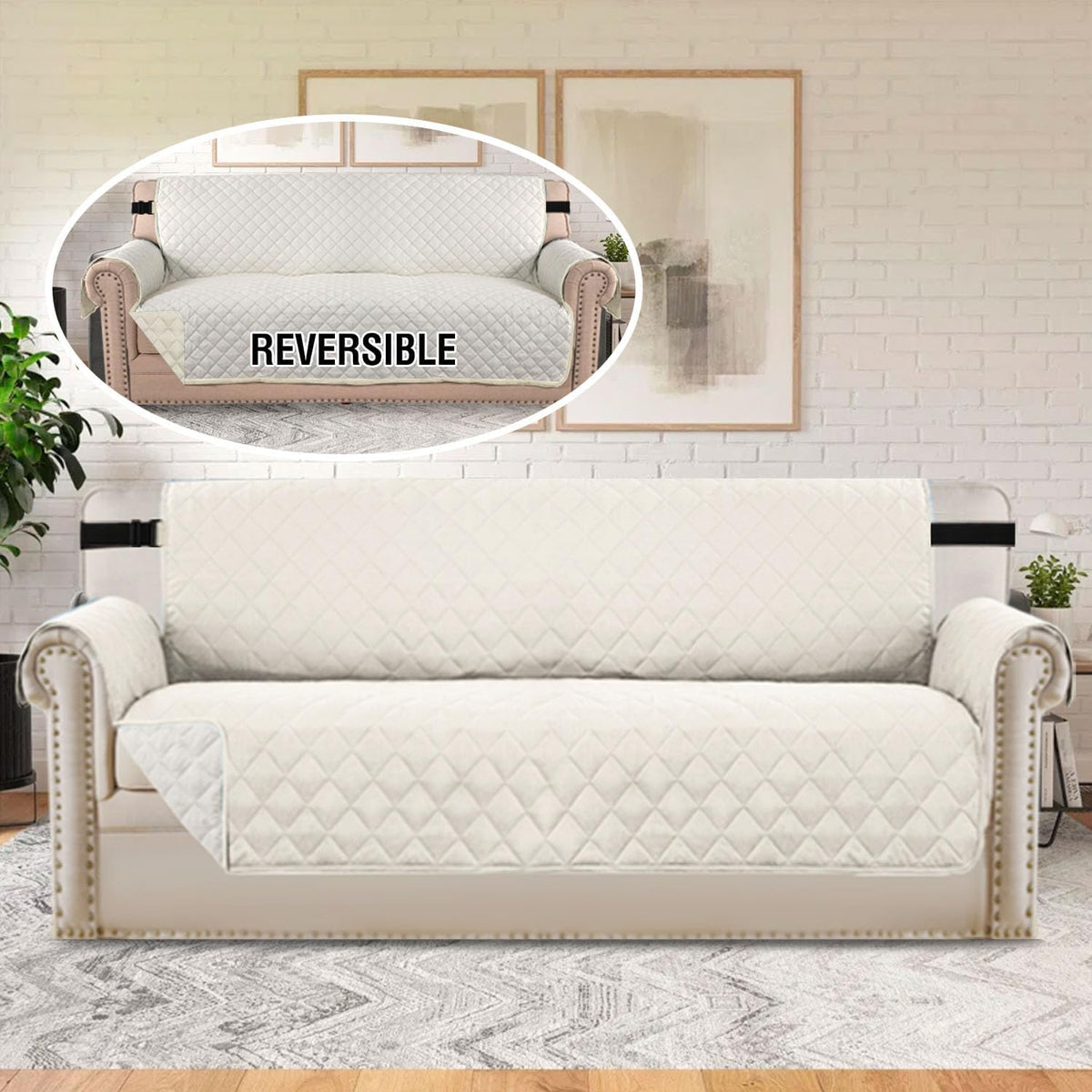 Reversible Couch Cover for 3 Cushion Cover Pet Friendly Sofa Cover for Dog Washable Furniture Protector Water Resistant Slipcover with Non Slip Elastic Strap(Sofa, Ivory/Beige)