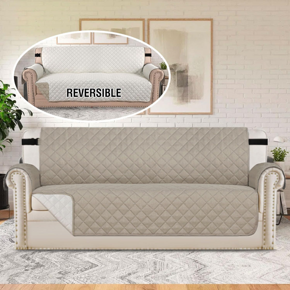 Reversible Couch Cover for 3 Cushion Cover Pet Friendly Sofa Cover for Dog Washable Furniture Protector Water Resistant Slipcover with Non Slip Elastic Strap(Sofa, Ivory/Beige)