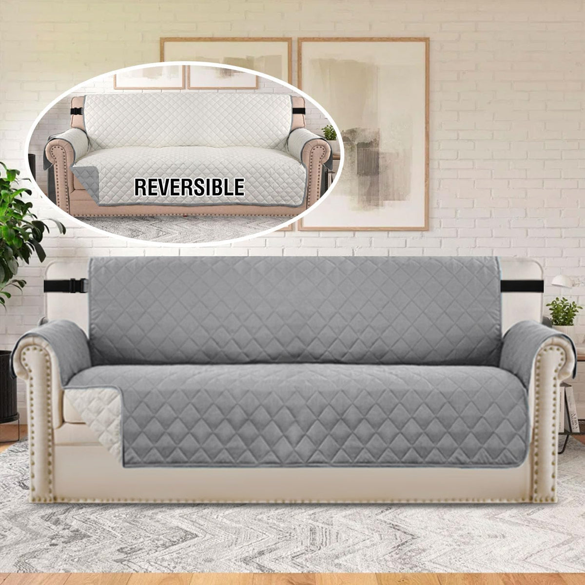 Reversible Couch Cover for 3 Cushion Cover Pet Friendly Sofa Cover for Dog Washable Furniture Protector Water Resistant Slipcover with Non Slip Elastic Strap(Sofa, Ivory/Beige)
