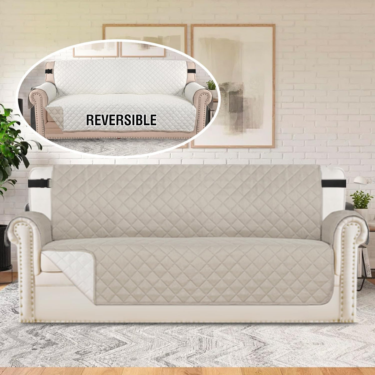 Reversible Couch Cover for 3 Cushion Cover Pet Friendly Sofa Cover for Dog Washable Furniture Protector Water Resistant Slipcover with Non Slip Elastic Strap(Sofa, Ivory/Beige)