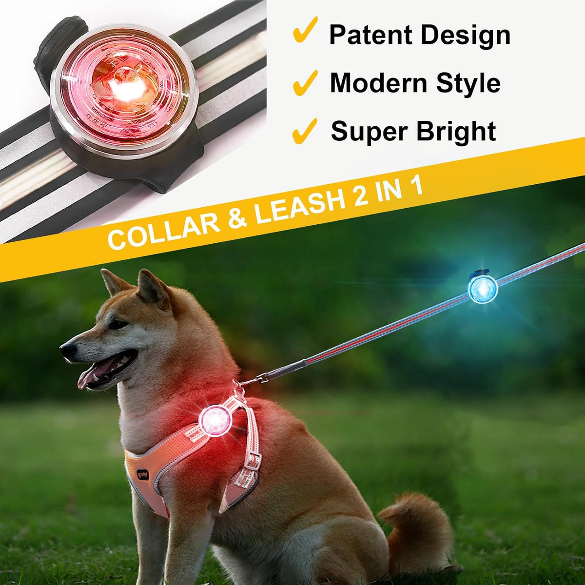 2-Pack Dog Lights for Night Walking, Upgraded 8 Modes Rechargeable Dog Collar Lights for Nighttime Clip On, IPX6 Waterproof and Silicone Band Safety Lights for Dog Collars