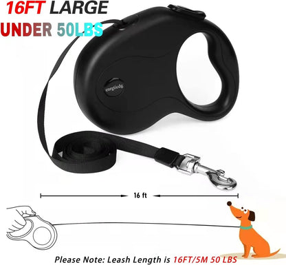 16Ft Retractable Dog Leash,Light Weight Leash for Small to Medium Dogs/Cats Up to 50lbs,Stainless Steel Spring Strong Nylon Tape, Tangle Free, One-Handed Brake.(Black)