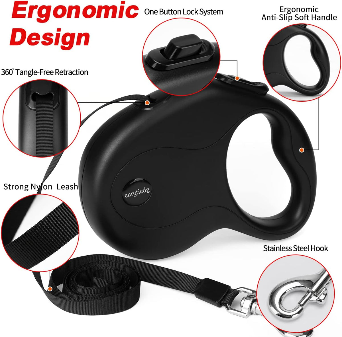 16Ft Retractable Dog Leash,Light Weight Leash for Small to Medium Dogs/Cats Up to 50lbs,Stainless Steel Spring Strong Nylon Tape, Tangle Free, One-Handed Brake.(Black)