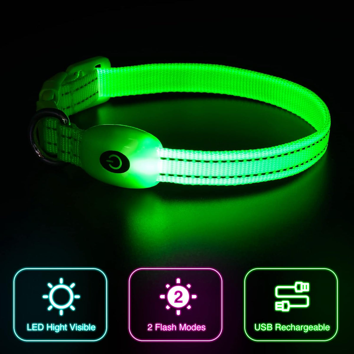 Light up Dog Collars, USB Rechargeable LED Dog Collar, Adjustable LED Cat Collar, Durable Flashing Collar for Cats, Puppy, Small, Medium, Large Dogs (Green, XS)