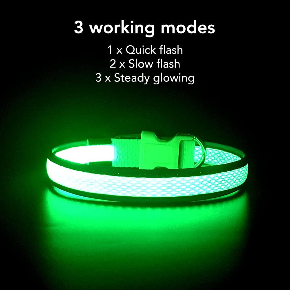 Light up Dog Collars, USB Rechargeable LED Dog Collar, Adjustable LED Cat Collar, Durable Flashing Collar for Cats, Puppy, Small, Medium, Large Dogs (Green, XS)