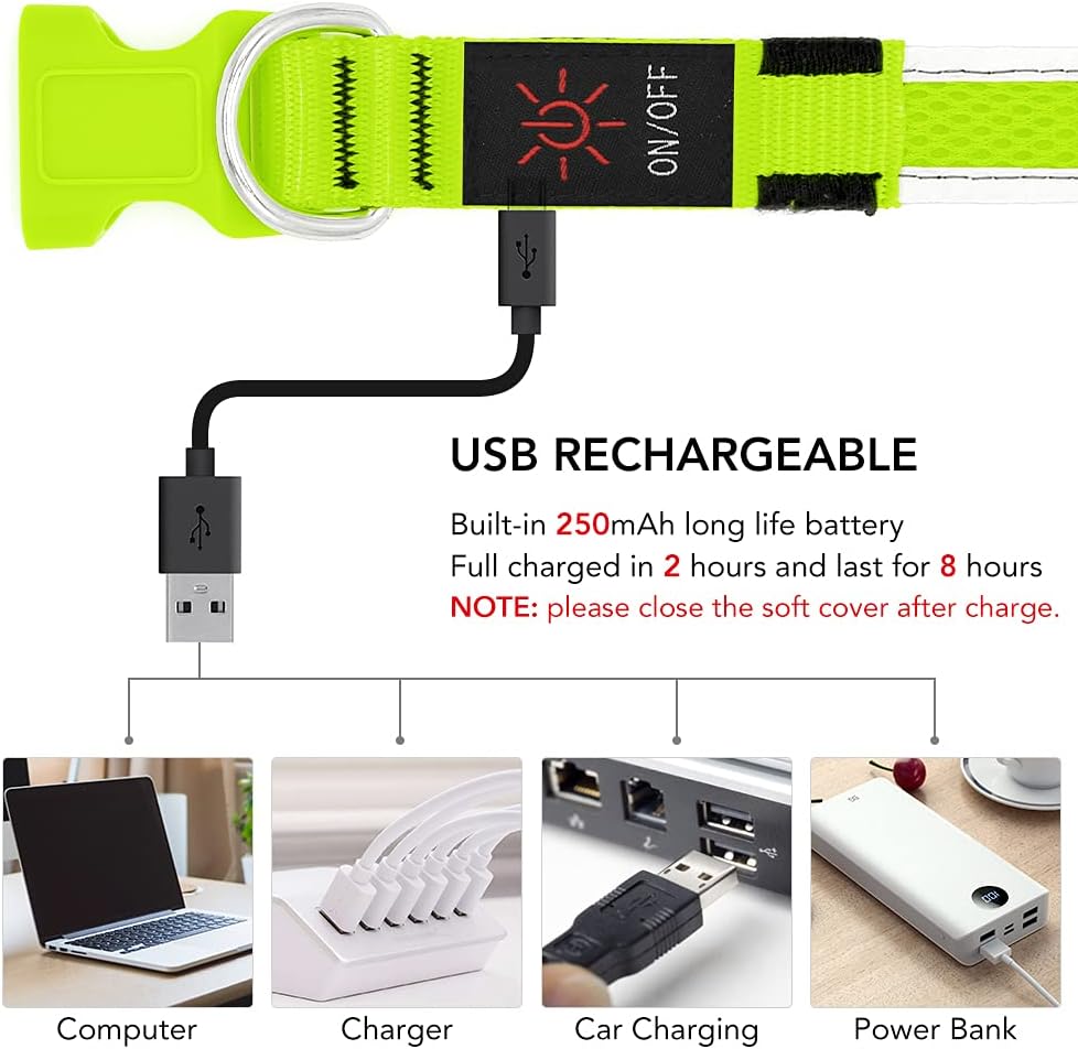 Light up Dog Collars, USB Rechargeable LED Dog Collar, Adjustable LED Cat Collar, Durable Flashing Collar for Cats, Puppy, Small, Medium, Large Dogs (Green, XS)