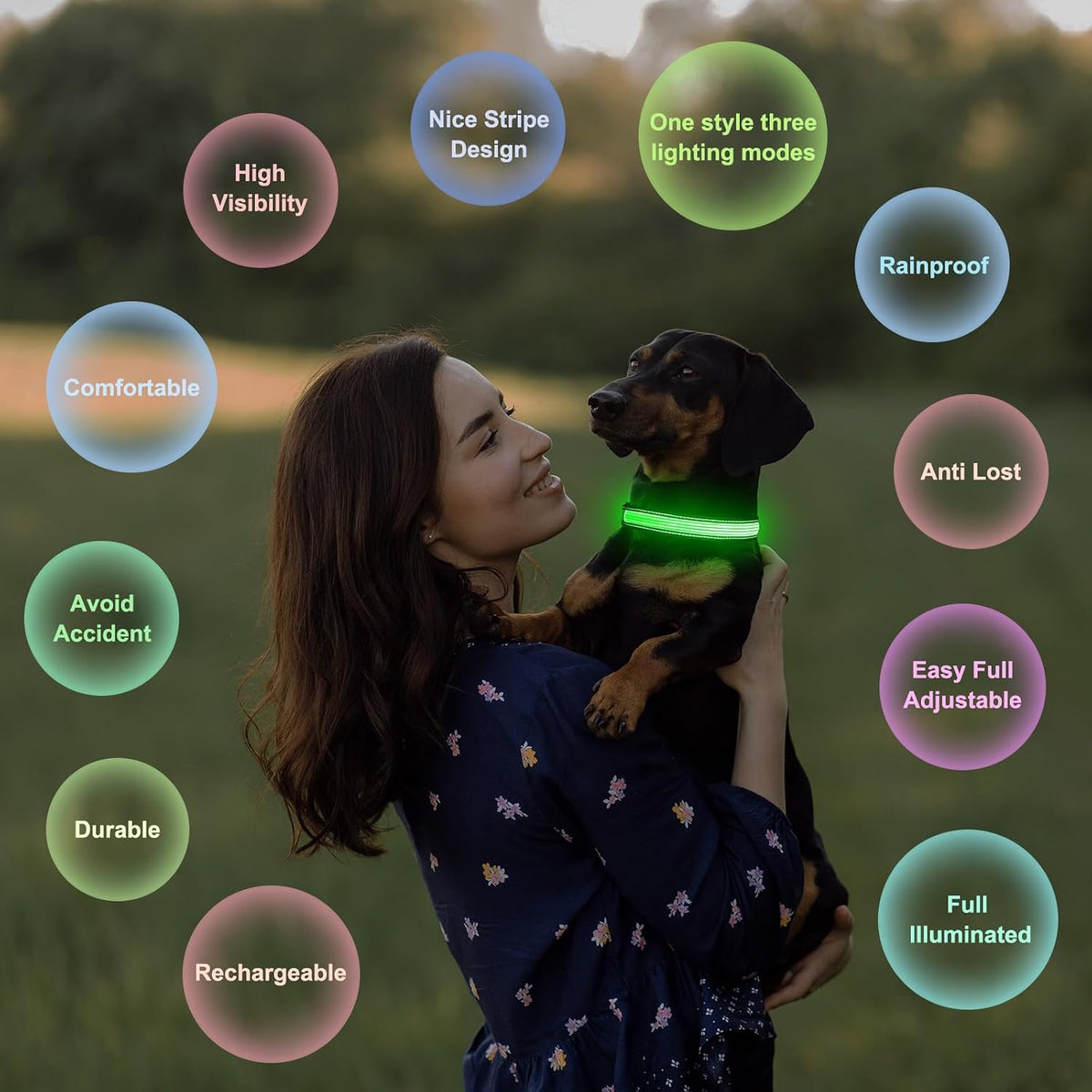 Light up Dog Collars, USB Rechargeable LED Dog Collar, Adjustable LED Cat Collar, Durable Flashing Collar for Cats, Puppy, Small, Medium, Large Dogs (Green, XS)