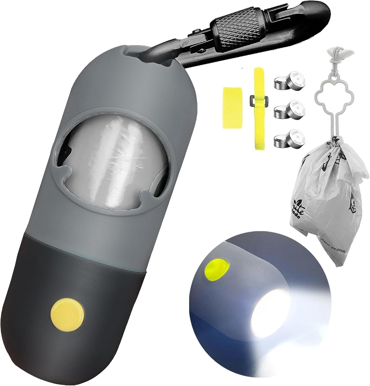 Dog Poop Bag Dispenser with Built-in LED Flashlight and Metal Clip for Leash, Pet Waste Bag Holder, Dog Walking Accessory, Crystal Blue