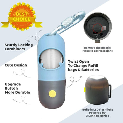 Dog Poop Bag Dispenser with Built-in LED Flashlight and Metal Clip for Leash, Pet Waste Bag Holder, Dog Walking Accessory, Crystal Blue