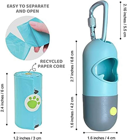 Dog Poop Bag Dispenser with Built-in LED Flashlight and Metal Clip for Leash, Pet Waste Bag Holder, Dog Walking Accessory, Crystal Blue