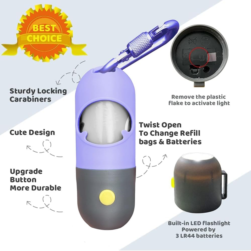 Dog Poop Bag Dispenser with Built-in LED Flashlight and Metal Clip for Leash, Pet Waste Bag Holder, Dog Walking Accessory, Crystal Blue