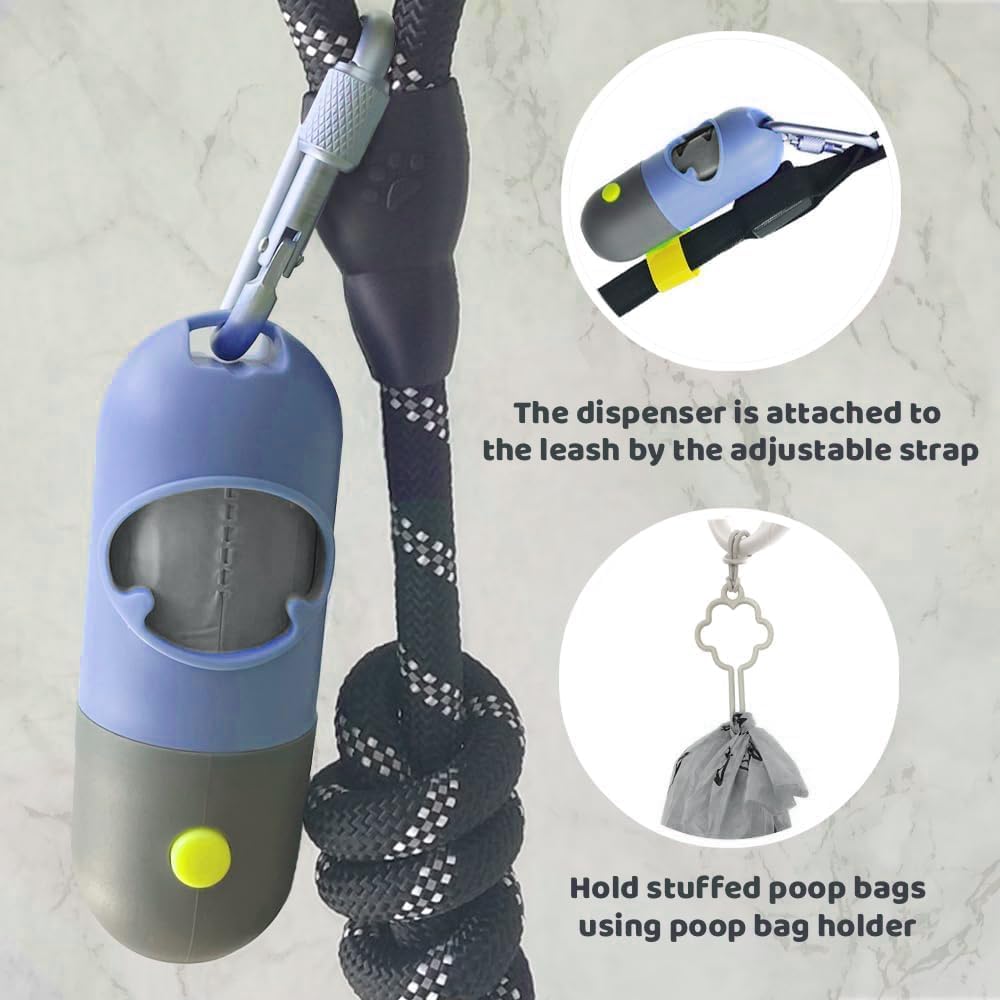 Dog Poop Bag Dispenser with Built-in LED Flashlight and Metal Clip for Leash, Pet Waste Bag Holder, Dog Walking Accessory, Crystal Blue