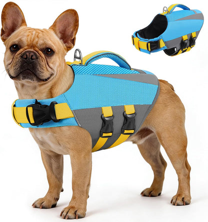 Dog Life Vest for Swimming Boating, Adjustable Medium Dog lifejacket with Durable Rescue Handle, Puppy Life Vest with Enhanced Buoyancy for Swimming Pool Beach Boating, Blue, M
