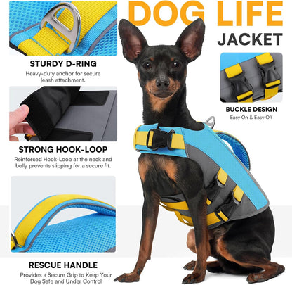 Dog Life Vest for Swimming Boating, Adjustable Medium Dog lifejacket with Durable Rescue Handle, Puppy Life Vest with Enhanced Buoyancy for Swimming Pool Beach Boating, Blue, M