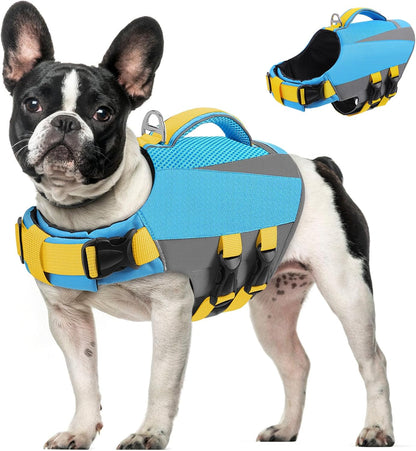 Dog Life Vest for Swimming Boating, Adjustable Medium Dog lifejacket with Durable Rescue Handle, Puppy Life Vest with Enhanced Buoyancy for Swimming Pool Beach Boating, Blue, M
