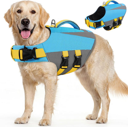 Dog Life Vest for Swimming Boating, Adjustable Medium Dog lifejacket with Durable Rescue Handle, Puppy Life Vest with Enhanced Buoyancy for Swimming Pool Beach Boating, Blue, M