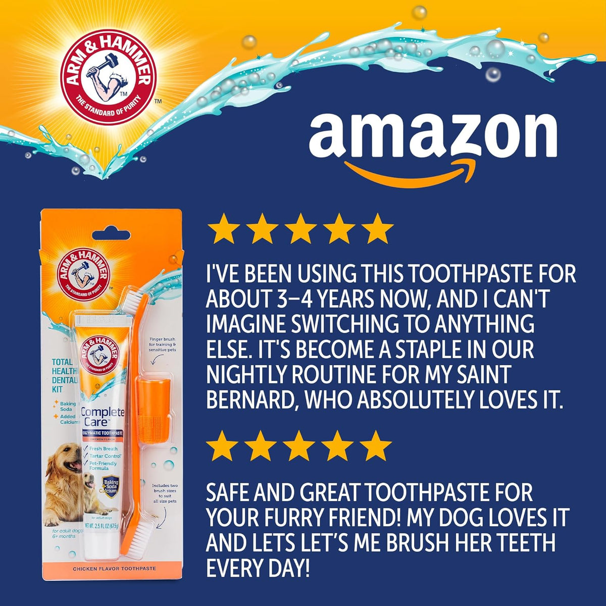 Arm and Hammer Complete Care Dog Dental Kit, Chicken Flavor, 2.5 Oz | Enzymatic toothpaste, toothbrush, and finger brush with baking soda and calcium for plaque and tartar control