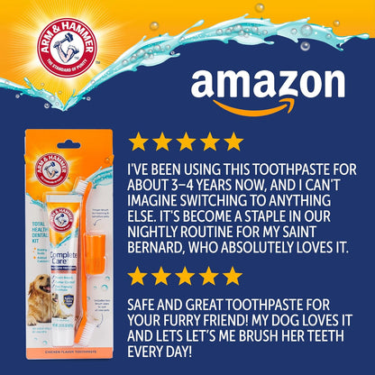 Arm and Hammer Complete Care Dog Dental Kit, Chicken Flavor, 2.5 Oz | Enzymatic toothpaste, toothbrush, and finger brush with baking soda and calcium for plaque and tartar control