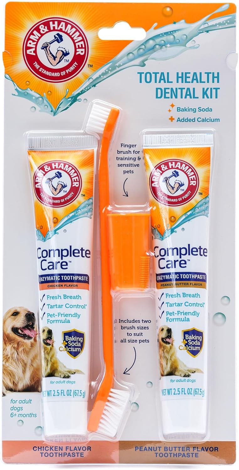 Arm and Hammer Complete Care Dog Dental Kit, Chicken Flavor, 2.5 Oz | Enzymatic toothpaste, toothbrush, and finger brush with baking soda and calcium for plaque and tartar control