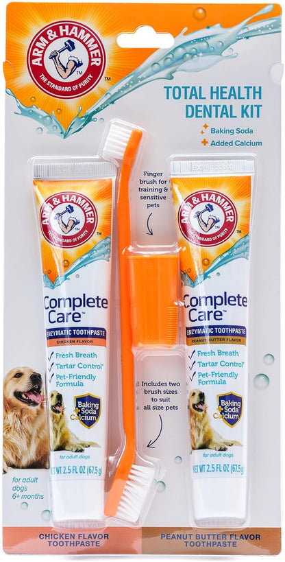 Arm and Hammer Complete Care Dog Dental Kit, Chicken Flavor, 2.5 Oz | Enzymatic toothpaste, toothbrush, and finger brush with baking soda and calcium for plaque and tartar control