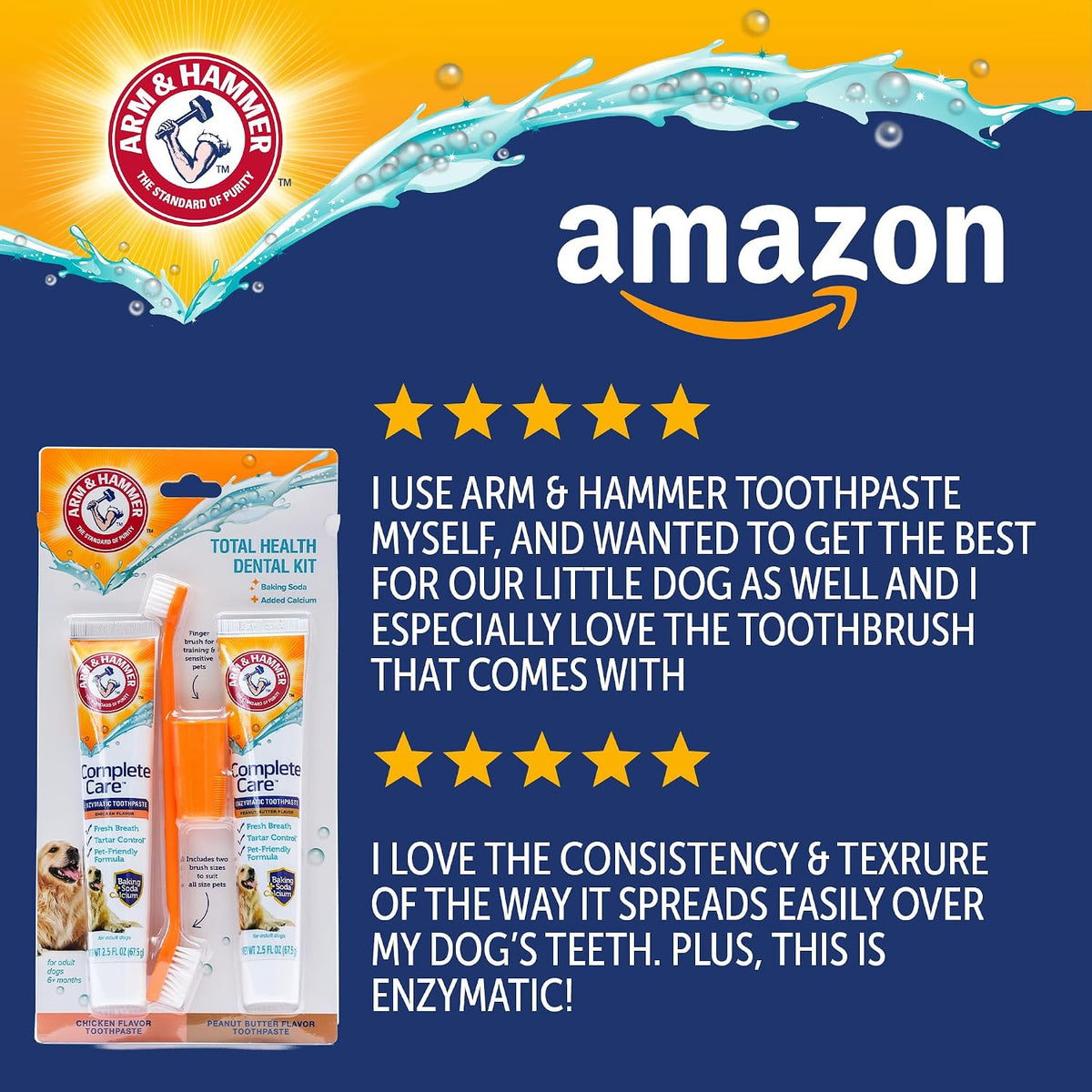 Arm and Hammer Complete Care Dog Dental Kit, Chicken Flavor, 2.5 Oz | Enzymatic toothpaste, toothbrush, and finger brush with baking soda and calcium for plaque and tartar control