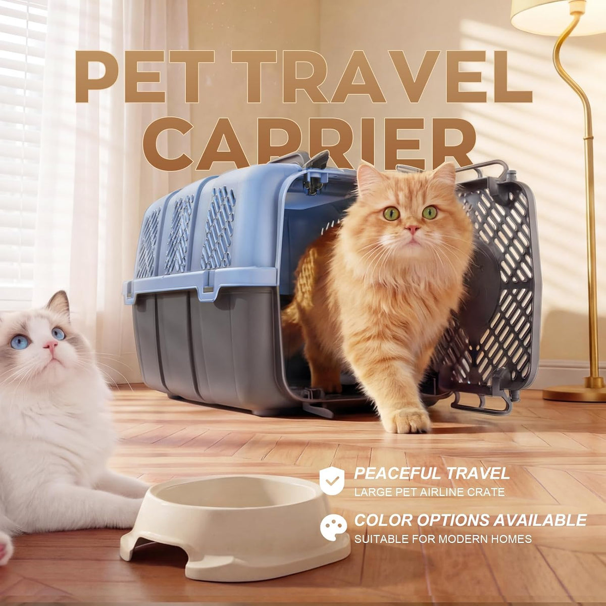 Hard-Sided Pet Travel Carrier, Detachable Cat Dog Airline Crate with Ventilation, Easy Clean Pet Carrier for Small Dogs Cats, with 8 Bowls, 17.76" L x 11.96" W x 12.38" H (Blue)