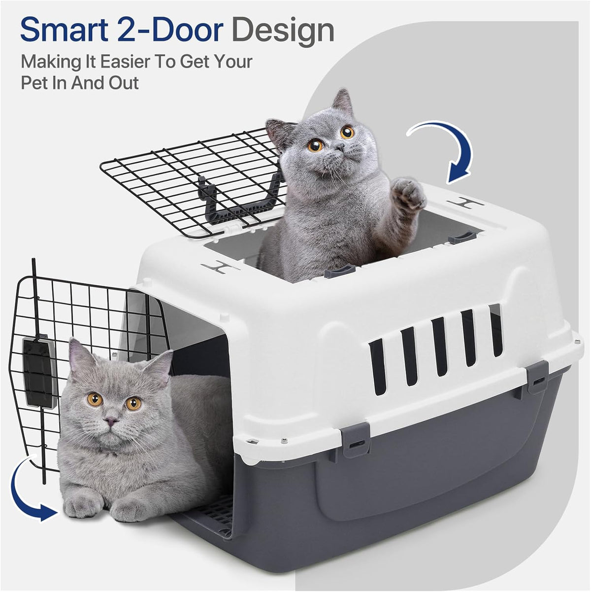 22 Inch Hard-Sided Plastic Dog Carrier 2 Door Travel Crate for Small Dogs Cats up to 22 lbs, Durable Handle, Security Lock Design, Gray