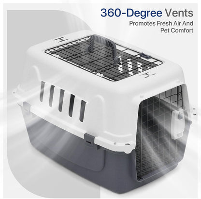 22 Inch Hard-Sided Plastic Dog Carrier 2 Door Travel Crate for Small Dogs Cats up to 22 lbs, Durable Handle, Security Lock Design, Gray