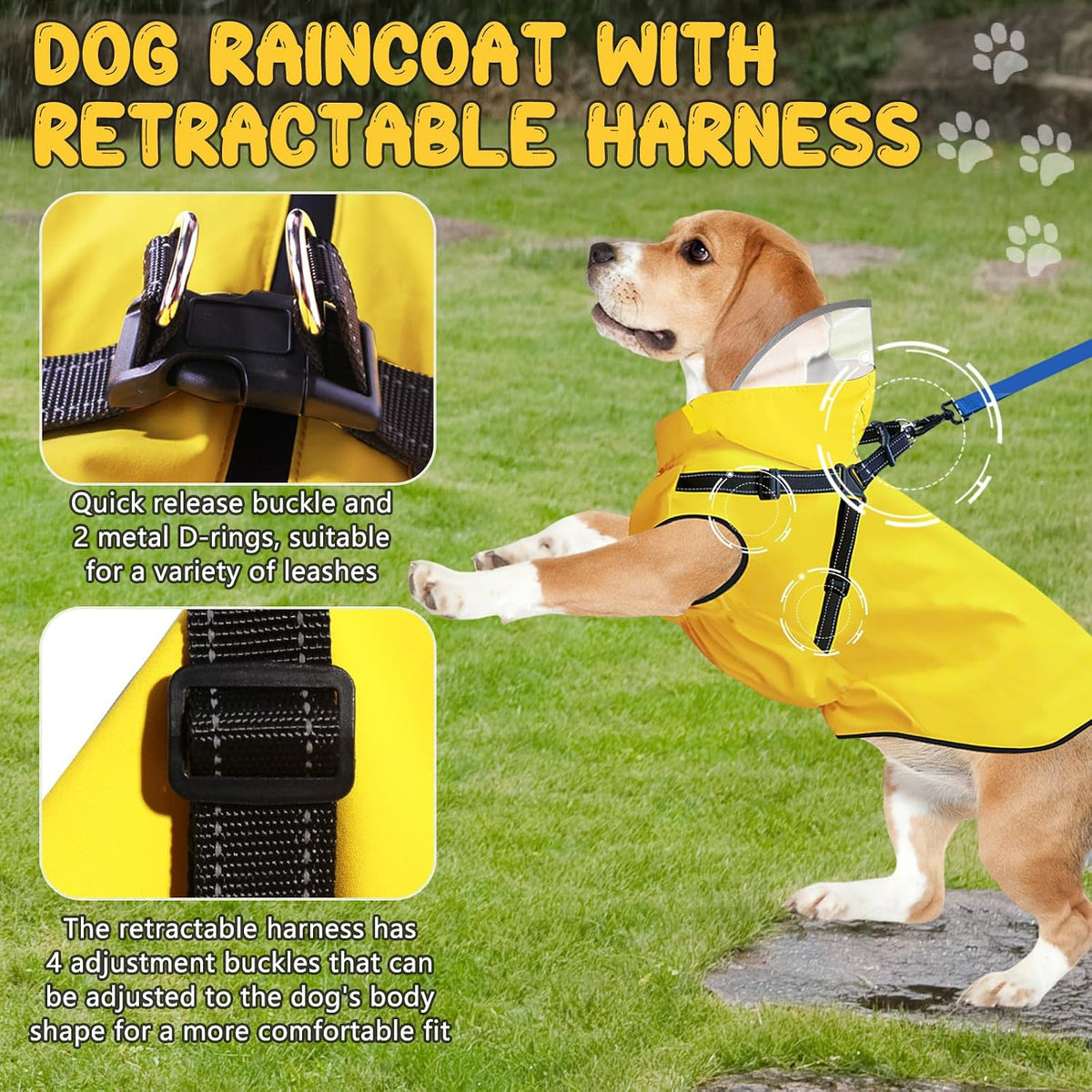 Dog Raincoat: Dog Rain Jacket with Reflective Harness & Removable Hood | Waterproof Dogs Rain Coat Poncho for Large Medium Small Dogs Puppies (Yellow - S)