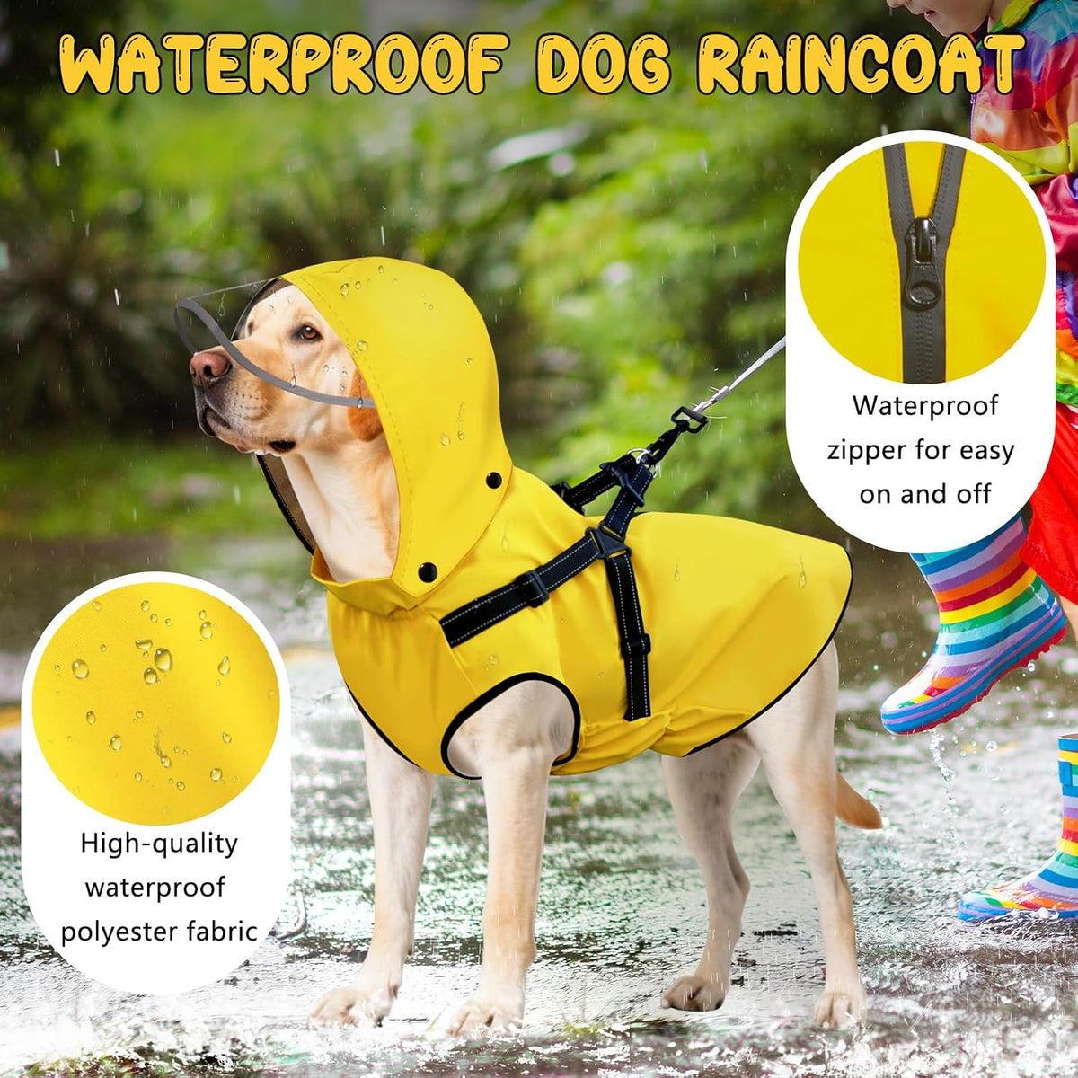Dog Raincoat: Dog Rain Jacket with Reflective Harness & Removable Hood | Waterproof Dogs Rain Coat Poncho for Large Medium Small Dogs Puppies (Yellow - S)