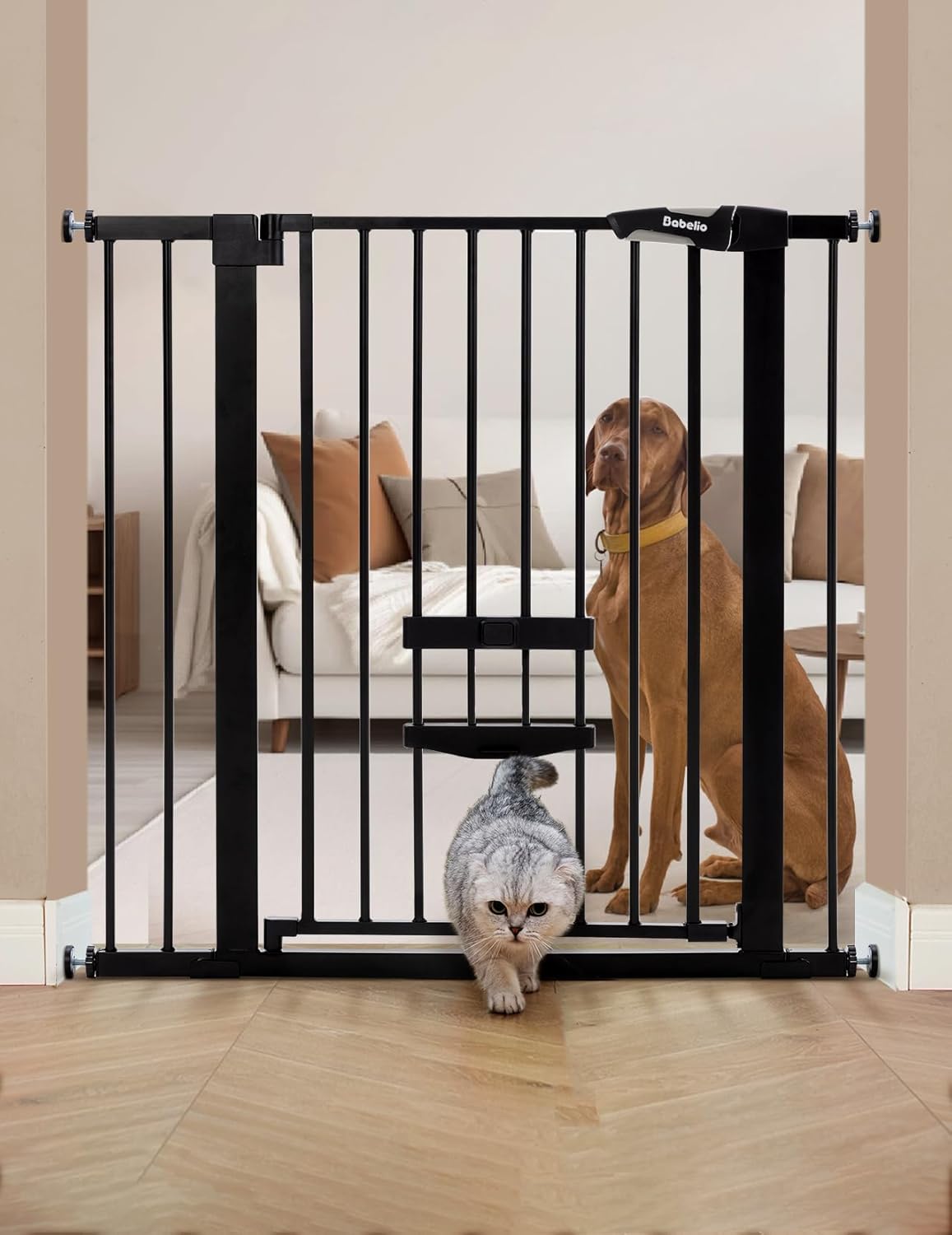36 Inch Extra Tall Baby Gate with Cat Door, 29-40" Metal Dog Gate, Cat Gate for Stairs, Doorways, Auto Close Safety Gate with Pet Door, Easy Walk Thru, White