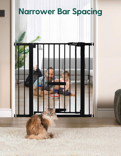 36 Inch Extra Tall Baby Gate with Cat Door, 29-40" Metal Dog Gate, Cat Gate for Stairs, Doorways, Auto Close Safety Gate with Pet Door, Easy Walk Thru, White