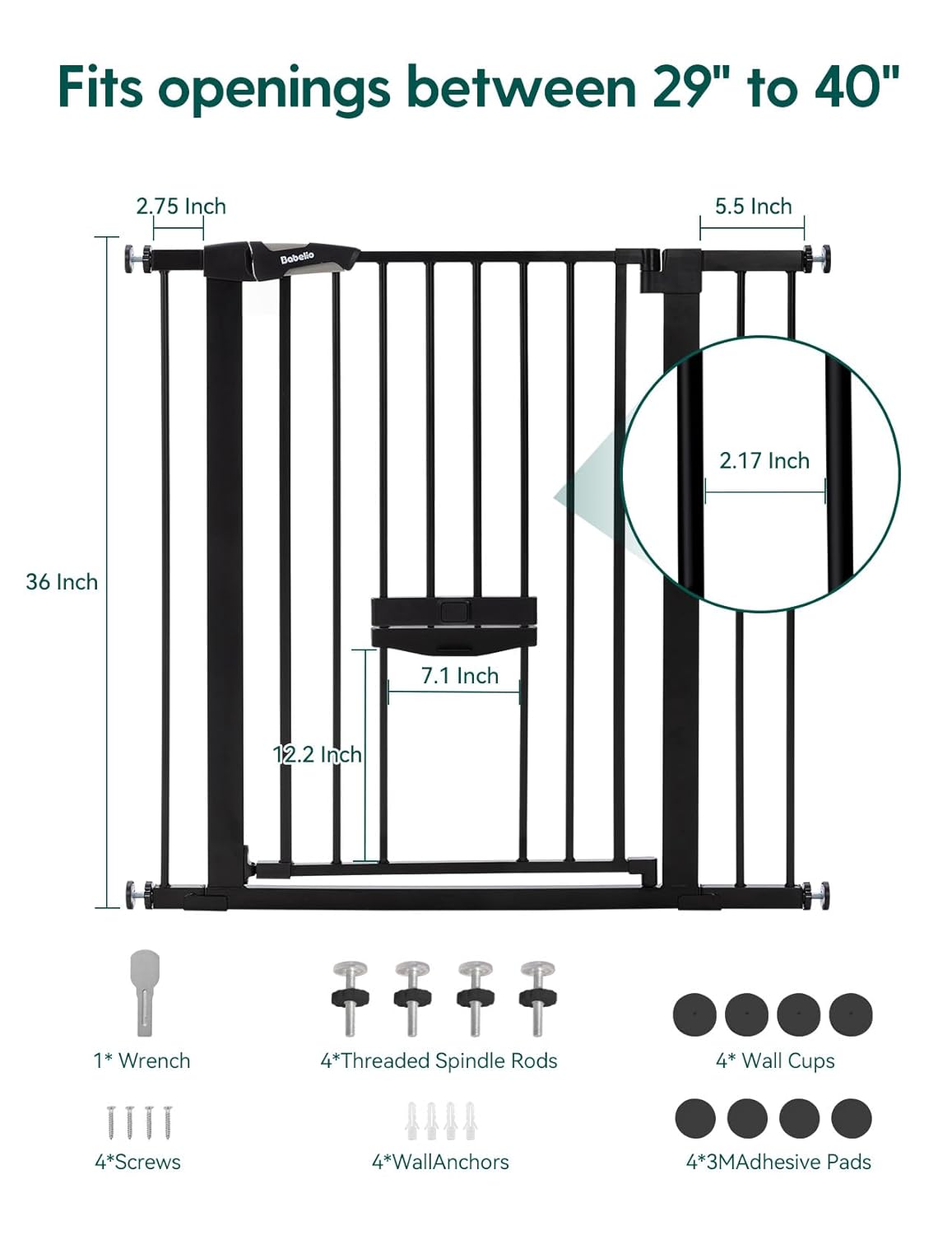 36 Inch Extra Tall Baby Gate with Cat Door, 29-40" Metal Dog Gate, Cat Gate for Stairs, Doorways, Auto Close Safety Gate with Pet Door, Easy Walk Thru, White