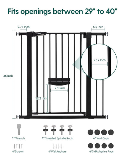 36 Inch Extra Tall Baby Gate with Cat Door, 29-40" Metal Dog Gate, Cat Gate for Stairs, Doorways, Auto Close Safety Gate with Pet Door, Easy Walk Thru, White