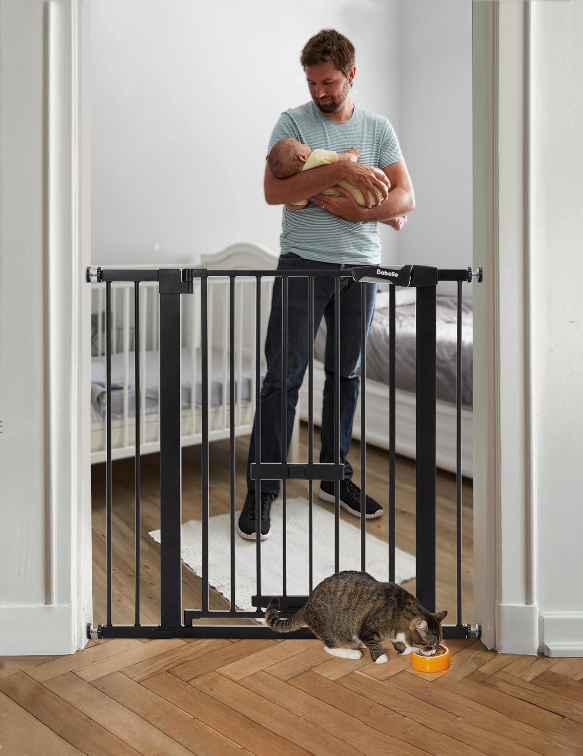 36 Inch Extra Tall Baby Gate with Cat Door, 29-40" Metal Dog Gate, Cat Gate for Stairs, Doorways, Auto Close Safety Gate with Pet Door, Easy Walk Thru, White