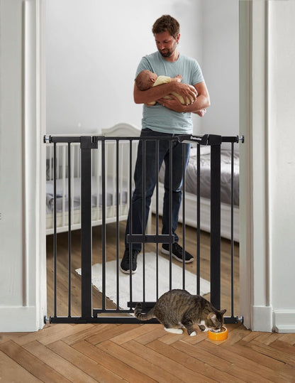 36 Inch Extra Tall Baby Gate with Cat Door, 29-40" Metal Dog Gate, Cat Gate for Stairs, Doorways, Auto Close Safety Gate with Pet Door, Easy Walk Thru, White