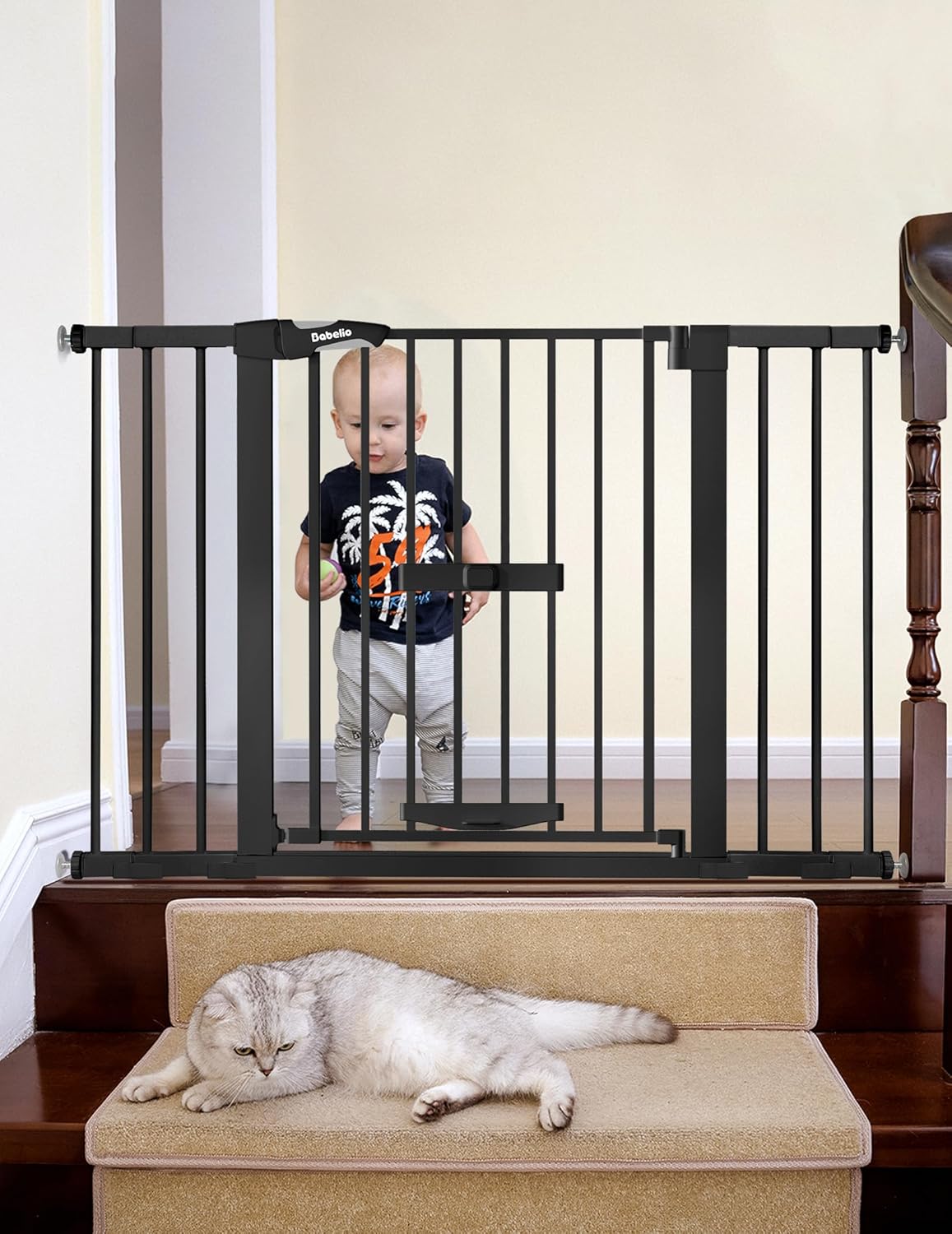 36 Inch Extra Tall Baby Gate with Cat Door, 29-40" Metal Dog Gate, Cat Gate for Stairs, Doorways, Auto Close Safety Gate with Pet Door, Easy Walk Thru, White