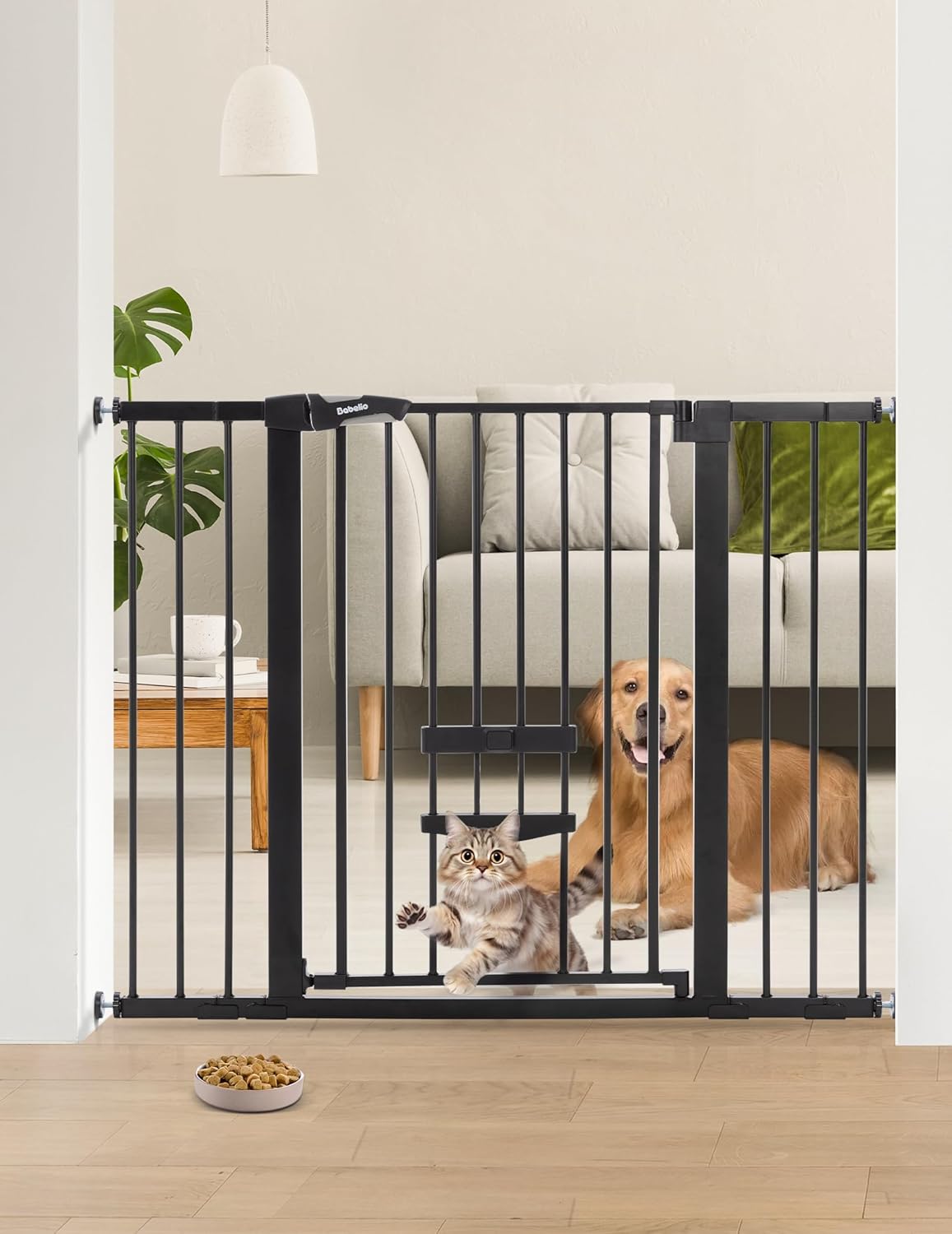 36 Inch Extra Tall Baby Gate with Cat Door, 29-40" Metal Dog Gate, Cat Gate for Stairs, Doorways, Auto Close Safety Gate with Pet Door, Easy Walk Thru, White